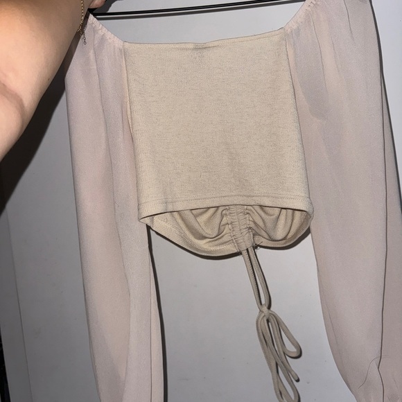 2/$15 SHEIN Cream Ruched Tie Front Crop Blouse - Picture 3 of 3